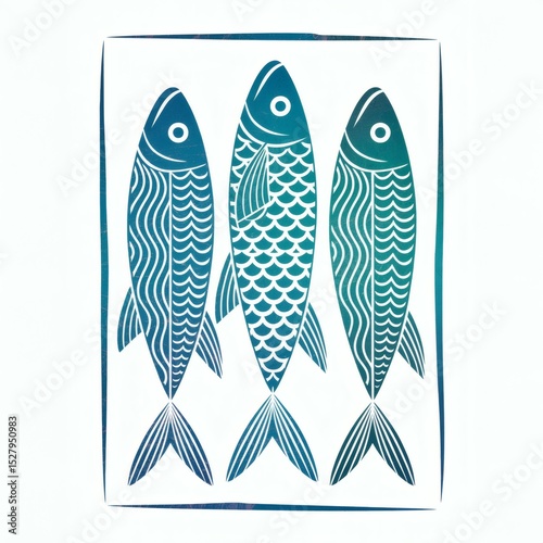 Vibrant Blue Linocut Fish Print: Captivating Patterns Against a Crisp White Canvas