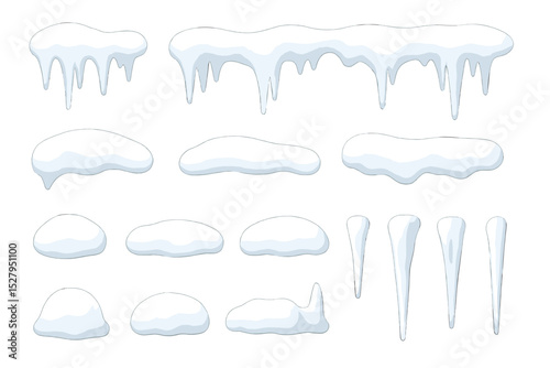 Cartoon snow caps and icicles collection winter season decoration vector set