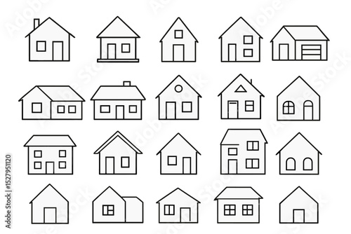 Collection of various houses and buildings vector outline icons for real estate and architectural design purposes
