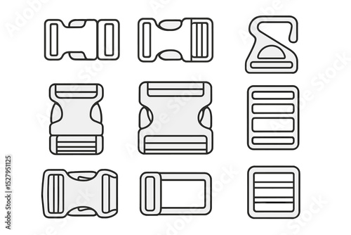 Variety of buckle and fastener vector icon set for straps and webbing applications