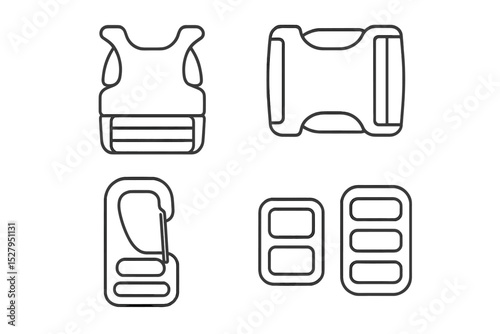 Four vector illustrations depict gear parts including a vest, buckle, clip, and adjustment slider components isolated on white background