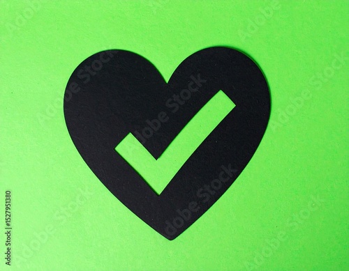 Black heart shape with check mark on lime green background