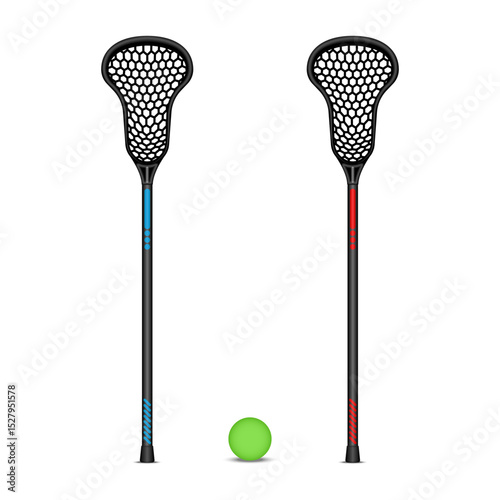 Two of black lacrosse sticks and green ball realistic 3d vector isolated on white background front view with blue and red markings, sports equipment set for training, match or school competition.