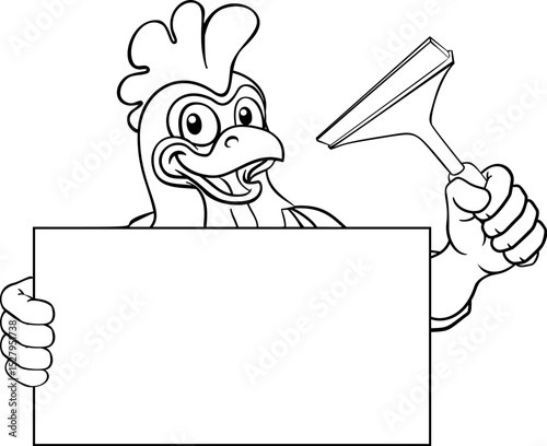 A chicken or rooster window cleaner or car wash cleaning cartoon mascot man holding a squeegee washing tool