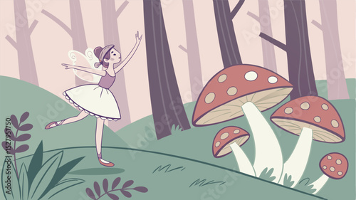 Whimsical ballet dancer dancing with enchanting mushrooms in a magical forest scene