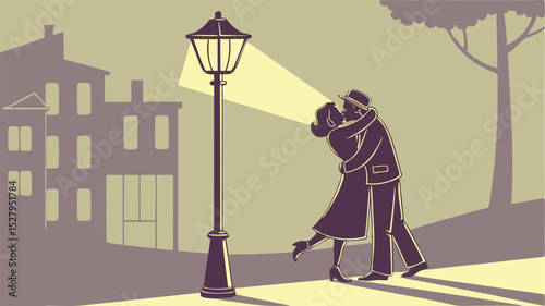 Romantic silhouette couple embracing under a lamppost in a vintage style city setting