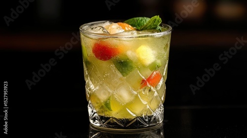 A vibrant cocktail with ice, mint leaves, and fruit pieces in a clear glass on a dark background. photo