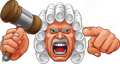 An angry judge cartoon character holding a wooden hammer gavel
