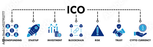 ICO banner web icon vector illustration concept of initial coin offering with icon of crowdfunding, startup, investment, blockchain, risk, trust and cypto currency