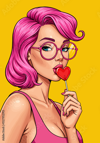 Sweet pop art vector of a pin-up girl with stylish glasses, playfully holding a red heart-shaped lollipop. Perfect for love, romance, and retro themes