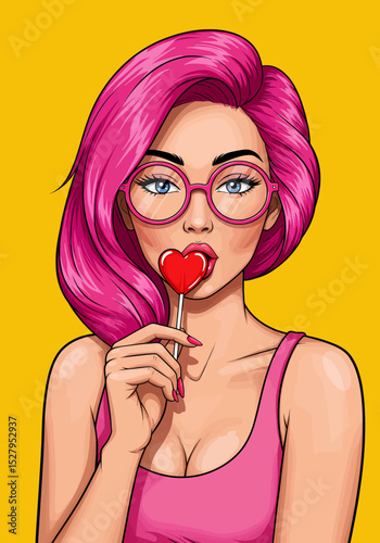 Sweet pop art vector of a pin-up girl with stylish glasses, playfully holding a red heart-shaped lollipop. Perfect for love, romance, and retro themes