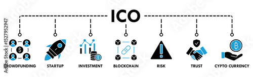 ICO banner web icon vector illustration concept of initial coin offering with icon of crowdfunding, startup, investment, blockchain, risk, trust and cypto currency