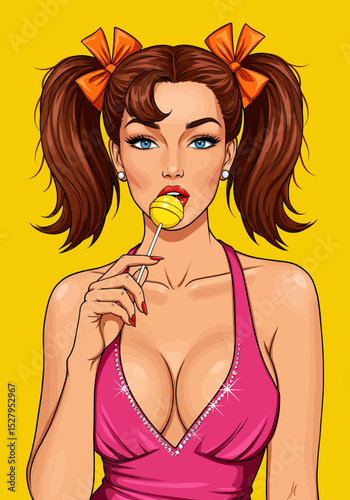 A playful pop art vector illustration of a sexy pin-up girl provocatively licking a yellow lollipop. Ideal for retro and fun designs