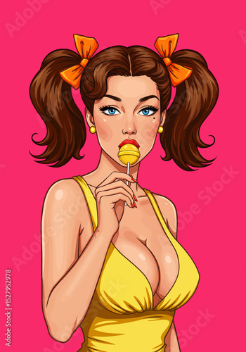 A playful pop art vector illustration of a sexy pin-up girl provocatively licking a yellow lollipop. Ideal for retro and fun designs photo