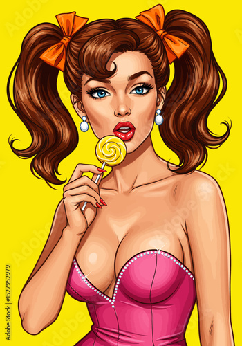 A playful pop art vector illustration of a sexy pin-up girl provocatively licking a yellow lollipop. Ideal for retro and fun designs