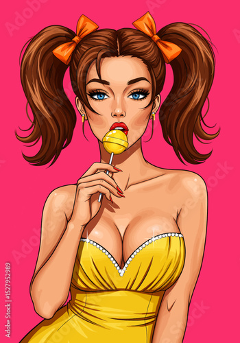 A playful pop art vector illustration of a sexy pin-up girl provocatively licking a yellow lollipop. Ideal for retro and fun designs