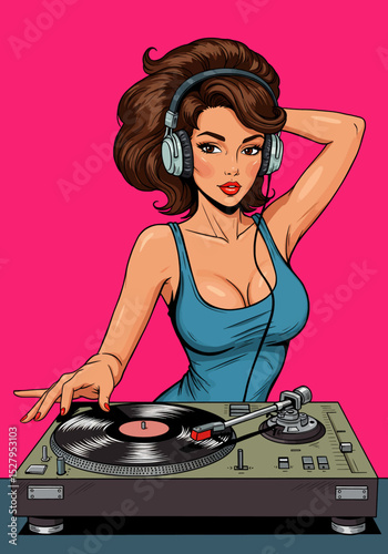 Vibrant pop art vector of a pin-up girl with voluminous brown hair and red lips, poised at a turntable. Ideal for music, retro, party, or DJ themes