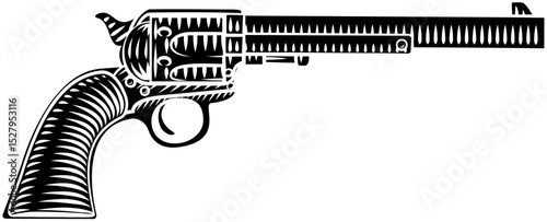 A revolver gun western cowboy pistol illustration in a vintage woodcut style