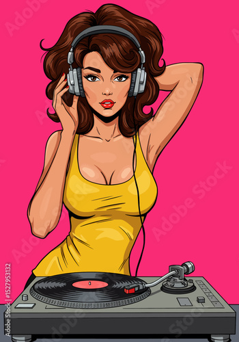 Vibrant pop art vector of a pin-up girl with voluminous brown hair and red lips, poised at a turntable. Ideal for music, retro, party, or DJ themes