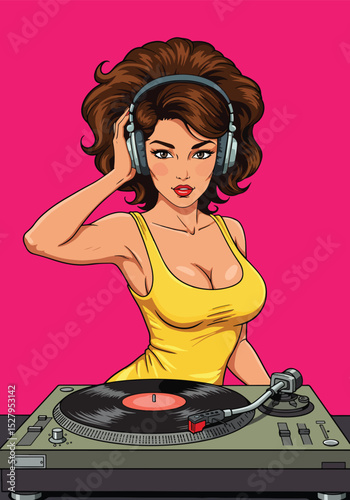 Vibrant pop art vector of a pin-up girl with voluminous brown hair and red lips, poised at a turntable. Ideal for music, retro, party, or DJ themes