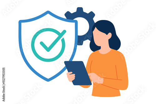 Woman holding tablet with security shield and gear icon in the background