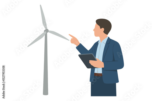 Engineer inspects wind turbine farm using tablet computer vector illustration icon isolated