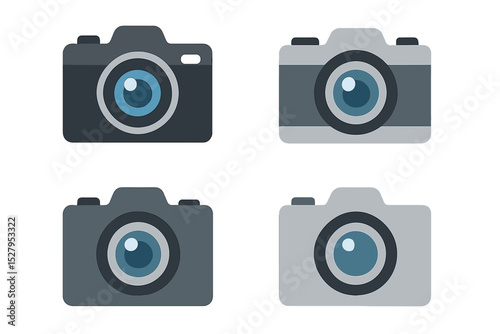 Camera vector icons depicting black, dark gray, light gray, and gray cameras with blue lenses