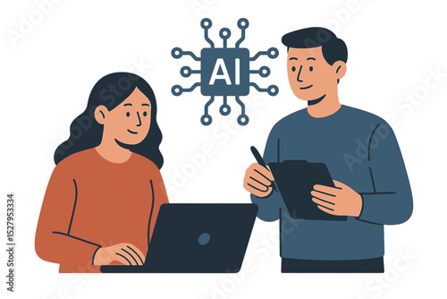 Cartoon graphic of two people discussing artificial intelligence, showing chip icon with ai lettering