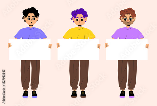 Group of guys holding white signs for messages or announcements on light background in cartoon style