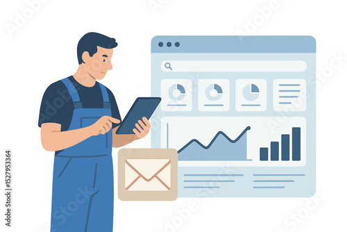 Man using tablet with dashboard statistics and email icon next to him cartoon vector illustration