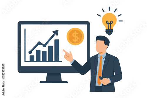 Businessman presenting financial growth chart on computer screen with idea bulb