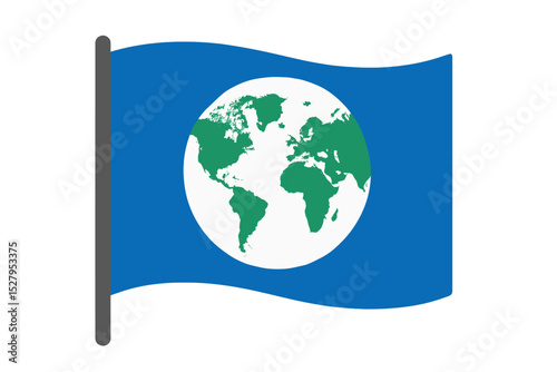 Blue flag featuring a green and white Earth, environmental consciousness graphic vector design over white background