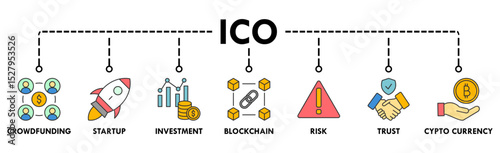 ICO banner web icon vector illustration concept of initial coin offering with icon of crowdfunding, startup, investment, blockchain, risk, trust and cypto currency