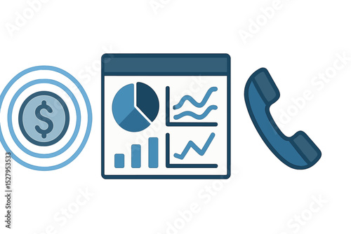 Dollar sign with sound waves, business charts, and handset isolated as vector icon