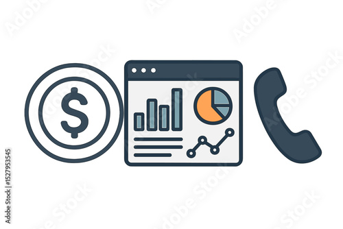 Money, Data Analysis, and Communication are Isolated in this Cartoon Icon Vector Illustration