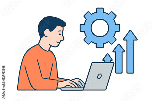 Man working on laptop with gear and arrows for progress illustration