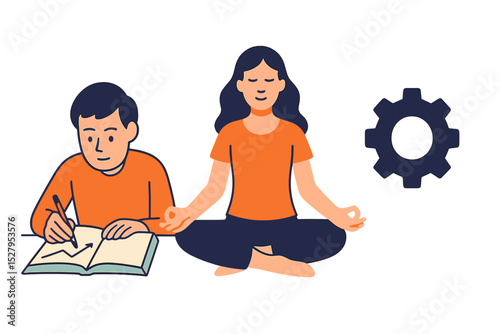 Balancing work and mental health showing woman meditating next to man drawing chart vector
