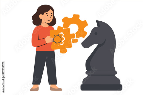 Woman assembling strategy with gears and knight chess piece, creating a solution