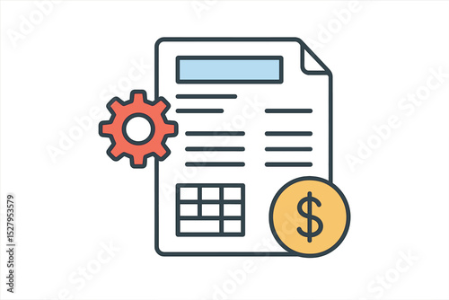 Illustration of financial operations automation showing document with gear and dollar coin