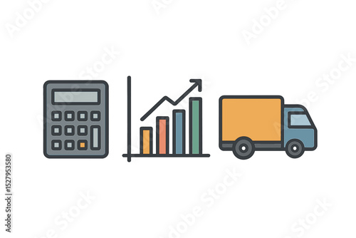 Business icons illustrate accounting, graph showing growth, and delivery truck for logistics of shipping