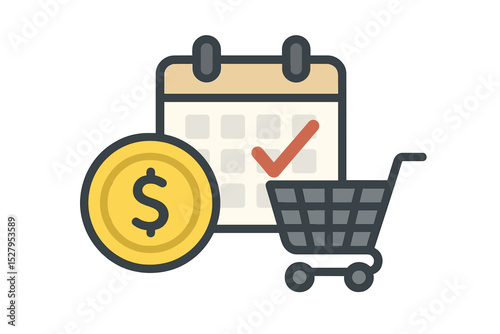 Shopping schedule and spending money, represented by a calendar, cart, and dollar coin