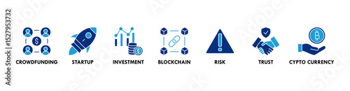 ICO banner web icon vector illustration concept of initial coin offering with icon of crowdfunding, startup, investment, blockchain, risk, trust and cypto currency