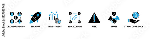 ICO banner web icon vector illustration concept of initial coin offering with icon of crowdfunding, startup, investment, blockchain, risk, trust and cypto currency