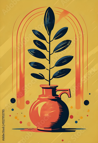 Stylized Plant In Coral Vase Against Warm Yellow Background