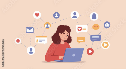 Young woman uses a laptop for online business and communication, a symbol of modern technology and social networking