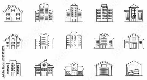 Set of urban building icons: a collection of black silhouette home and residential architecture design elements