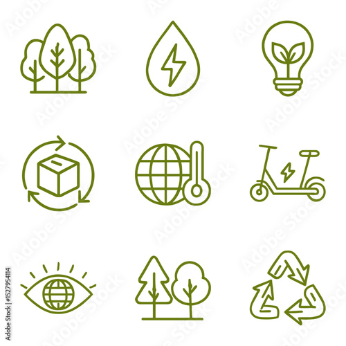 Sustainable practices icons arranged in grid. Icon symbol illustration