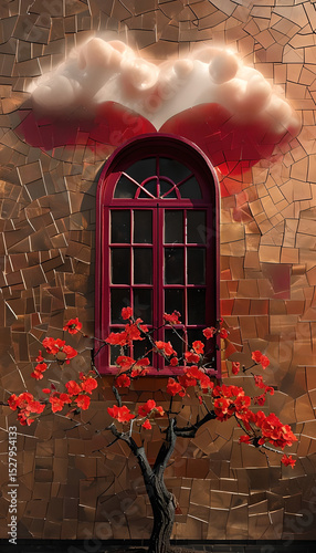 Surreal Mosaic Photograph Featuring Tree With Vibrant Red Flowers