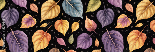 Seamless Autumn Leaf Pattern in Rich Watercolor Textures on Black Background