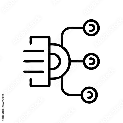 Minimal icon showing a data source branching into multiple outputs, representing data routing, system flow, or network distribution.
